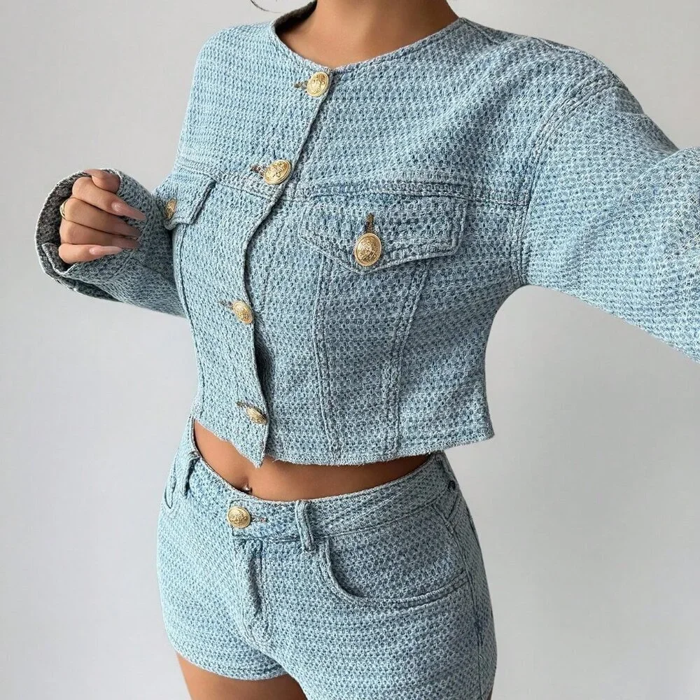 Medium Wash Elegant Women's Denim Suit with Long-Sleeved Jacket and Mini Shorts